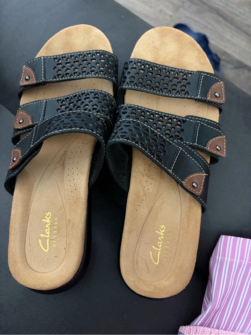 Clarks Black and Brown Three-Strap Perforated Slide Sandal